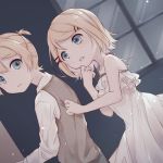  1boy 1girl adolescence_(vocaloid) bare_arms bare_shoulders blonde_hair blue_eyes brother_and_sister camisole clothes_grab commentary dutch_angle eyebrows_visible_through_hair frilled_camisole hair_ornament hairclip hand_on_own_chin jacket_grab kagamine_len kagamine_rin light_particles looking_back night parted_lips sazanami_(ripple1996) scared short_hair short_ponytail siblings sleepwear sleeveless sleeveless_jacket spaghetti_strap teardrop tears twins vocaloid white_camisole window 