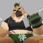  1:1 2020 anthro black_nose canid canine canis clothing cute_fangs domestic_dog exercise kemono male mammal mizunabe musclegut overweight overweight_anthro overweight_male scar shirt solo sumo tokyo_afterschool_summoners topwear video_games workout yasuyori 