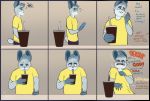  2020 5_fingers anthro beard beverage blue_body blue_fur bottomwear cellphone clothed clothing coffee comic cup denim denim_clothing dialogue disgust drinking english_text eyes_closed facial_hair fingers fur grey_eyes hi_res holding_cup holding_object holding_phone jeans klaus_(shakotanbunny) lagomorph laugh leporid male mammal offscreen_character open_mouth pants phone profanity rabbit shakotanbunny shirt signature simple_background smartphone solo solo_focus t-shirt text topwear 