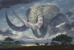  animal cloud cloudy_sky commentary elephant landscape mountain no_humans nurikabe_(mictlan-tecuhtli) original outdoors oversized_animal savannah scenery sky tree tusks walking 