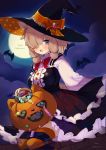  1girl absurdres alpaca_ears alpaca_girl alpaca_suri_(kemono_friends) alternate_costume animal_ears bat black_dress black_legwear blue_eyes bow bowtie candy center_frills dress eyebrows_visible_through_hair food frilled_dress frills full_moon hair_over_one_eye hair_tubes halloween halloween_costume hat highres ichi001 kemono_friends kemono_friends_3 long_sleeves moon multicolored multicolored_clothes multicolored_legwear night night_sky orange_legwear pumpkin red_neckwear shirt short_hair sitting sky solo striped striped_legwear thighhighs trick_or_treat white_hair white_shirt witch_costume witch_hat zettai_ryouiki 