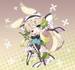  ;) animal_ears bangs between_fingers black_footwear black_hairband black_legwear black_leotard blue_eyes boots bow breasts brown_background brown_hair bunny_ears bupleurum_(flower_knight_girl) card chibi closed_mouth commentary_request eyebrows_visible_through_hair flower_knight_girl full_body gradient gradient_background hair_bow hairband halftone halftone_background highres holding holding_card holding_sword holding_weapon leotard long_hair looking_at_viewer medium_breasts milkpanda one_eye_closed outstretched_arm sleeveless smile sword thick_eyebrows thigh_boots thighhighs very_long_hair weapon white_bow wrist_cuffs 