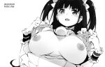  1girl :d apron artist_name bell blush breasts breasts_apart dated detached_collar greyscale jingle_bell large_breasts long_hair looking_at_viewer maid maid_apron maid_headdress monochrome nipples open_mouth original simple_background smile solo tabata_hisayuki topless two_side_up upper_body white_background wrist_cuffs 
