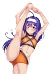  1girl absurdres ahoge armpits bare_shoulders barefoot bikini blush breasts fire_emblem fire_emblem:_radiant_dawn fire_emblem_heroes green_eyes grin gupunetsu hairband highres leg_lift leg_up mia_(fire_emblem) midriff navel one_eye_closed orange_bikini orange_swimsuit purple_hair smile solo standing standing_on_one_leg swimsuit underboob white_hairband 