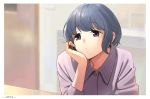  1girl blue_hair blurry blurry_background border chin_rest closed_mouth commentary dated depth_of_field dot_mouth dot_nose hand_up horikou indoors long_sleeves purple_eyes shima_saki short_hair signature solo white_border yurucamp 