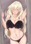  1girl armpits black_halter_top black_panties blonde_hair blue_eyes breasts cleavage cowboy_shot hair_between_eyes highres kantai_collection large_breasts long_hair mee_don mole mole_under_eye mole_under_mouth navel panties richelieu_(kantai_collection) underwear window 