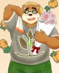  2020 4:5 anthro blush bottomwear brown_body brown_fur clothing eyewear flower food fruit fur glasses hat headgear headwear hi_res humanoid_hands kemono male mammal overweight overweight_anthro overweight_male pants plant pumpkin shirt solo straw_hat tokyo_afterschool_summoners topwear ursid video_games volos yaki_atsuage 