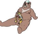 absurd_res anthro belly blush canid canine canis custardalvis domestic_dog duo facial_hair genitals goro_(live-a-hero) hi_res hug humanoid_genitalia humanoid_penis live-a-hero male male/male mammal moobs mustache nipples oral penis penis_hug procy size_difference slightly_chubby ursid 