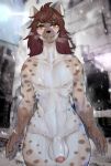  anthro bodily_fluids brown_hair clothing genitals hair hi_res hyaenid jean_leblanc_(kamikunt) looking_at_viewer male mammal nude orange_eyes penis rtr snow solo spotted_hyena sweat uniform 