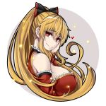  1girl bare_shoulders black_bow blonde_hair bow breasts detached_sleeves dress eyebrows_visible_through_hair granblue_fantasy hair_bow heart large_breasts long_hair looking_at_viewer looking_back red_dress red_eyes red_sleeves sanmotogoroo smile solo upper_body vira_lilie 