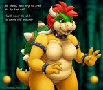  2020 4_fingers anthro bowser breasts collar crossgender dialogue english_text featureless_breasts featureless_crotch female fingers hi_res horn koopa mario_bros miltonholmes nintendo open_mouth red_eyes scalie smile solo spiked_collar spikes text video_games 
