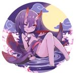  1girl :q barefoot cloud cup eyebrows_visible_through_hair eyes_visible_through_hair fate/grand_order fate_(series) flat_chest full_body full_moon hair_between_eyes highres horns japanese_clothes kimono legs looking_at_viewer mmhomm moon oni oni_horns purple_eyes purple_hair purple_kimono sakazuki short_hair shuten_douji_(fate/grand_order) solo tongue tongue_out 