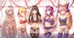  5girls :d absurdres adapted_costume altera_(fate) animal_ear_fluff animal_ears arm_up armpits arms_behind_back ass_visible_through_thighs bangs bare_arms bare_shoulders bb_(fate)_(all) bb_(fate/extra_ccc) bikini bikini_skirt black_bra black_hair black_legwear black_panties blonde_hair blue_bow blue_legwear blue_panties blush bnari bow bow_panties bra braid braided_bun breasts brown_eyes cameltoe choker cleavage collarbone cowboy_shot crop_top crotch_seam detached_collar eyebrows_visible_through_hair fate/extella fate/extra fate/extra_ccc fate/grand_order fate_(series) fox_ears fox_girl fox_tail frilled_bra frilled_panties frills garter_belt garter_straps gold_trim green_eyes groin hair_bow hair_bun hair_ribbon halter_top halterneck hand_on_hip hand_on_own_chest hand_up highleg highleg_bikini highres index_finger_raised jewelry kishinami_hakuno_(female) lace-trimmed_bra lace-trimmed_legwear lace_trim large_breasts lingerie long_hair looking_at_viewer medium_breasts multiple_girls navel necklace nero_claudius_(fate) nero_claudius_(fate)_(all) no_pants open_mouth panties parted_lips pink_hair purple_bra purple_eyes purple_legwear purple_panties red_bra red_choker red_eyes red_panties red_ribbon ribbon short_hair sidelocks silver_hair small_breasts smile standing stomach strapless string_panties swimsuit tail tail_raised tamamo_(fate)_(all) tamamo_no_mae_(fate) thighhighs thighs tied_hair twintails underbust underwear underwear_only veil very_long_hair white_bikini white_legwear yellow_eyes 