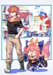  1boy 1girl animal_ear_fluff animal_ears blue_kimono blue_legwear blue_ribbon brown_eyes brown_hair chibi eyebrows_visible_through_hair fate/extella fate/extra fate/extra_ccc fate/grand_order fate_(series) fox_ears fox_girl fox_tail hair_ribbon happy highres japanese_clothes kimono kishinami_hakuno_(male) pink_hair ribbon tail tamamo_(fate)_(all) tamamo_no_mae_(fate) wisespeak yellow_eyes 