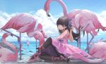  1girl ballet_slippers bangs bare_shoulders beach bird black_hair black_legwear blue_eyes blunt_bangs breasts choker detached_sleeves dress flamingo full_body hair_ribbon highres long_hair looking_at_viewer medium_breasts nekojira open_mouth original pink_dress ribbon sidelocks sitting solo 