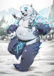  3_toes 4_fingers anthro black_nose braided_hair braided_ponytail claws clothing fingers fur glowing grey_body grey_fur hair hi_res league_of_legends loincloth male mammal pawsve polar_bear riot_games snow solo toes tundra ursid ursine video_games volibear white_body white_fur winter 