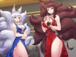  2girls akagi_(azur_lane) akagi_(blushing_intoxication)_(azur_lane) alternate_costume animal_ears azur_lane bangs bare_shoulders black_gloves blue_dress blue_eyes blunt_bangs bracelet breasts brown_hair champagne_flute choker cleavage closed_mouth collarbone cup dress drinking_glass eyeshadow filin fingerless_gloves fox_ears fox_girl fox_tail gloves halter_dress highres holding holding_cup indoors jewelry kaga_(azur_lane) kaga_(white-tailed_magnificence)_(azur_lane) large_breasts long_hair looking_at_viewer makeup multiple_girls multiple_tails parted_lips red_dress red_eyes short_hair signature sleeveless smile standing tail thighs very_long_hair white_hair 