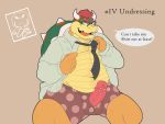  anonymous_artist anthro belly bowser boxers_(clothing) clothed clothing dialogue dress_shirt english_text eyebrows eyewear genital_piercing genitals glasses hair hairy hi_res horn koopa looking_at_viewer male mario_bros navel necktie nintendo open_clothing open_maw open_mouth open_shirt open_topwear partially_clothed penis penis_piercing penis_through_underwear piercing poka-dots pokadots red_hair reptile scalie shell shirt solo speech_bubble spiked_shell spikes spikes_(anatomy) talking_to_viewer teeth teeth_showing text thick_eyebrows topwear underwear undressing video_games 