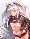  bottomwear breasts cleavage clothed clothing female hand_on_hip humanoid shorts simple_background solo winged_humanoid wings yapo yellow_eyes 