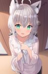  1girl :d ahoge animal_ear_fluff animal_ears bangs blush bow braid collared_shirt commentary door english_commentary eyebrows_visible_through_hair fox_ears green_eyes grey_hair hair_between_eyes highres hitsukuya hololive indoors long_hair long_sleeves looking_at_viewer open_mouth shirakami_fubuki shirt smile solo standing very_long_hair virtual_youtuber white_bow wide_sleeves 