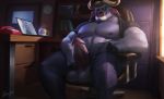  2020 anthro balls bottomwear bovid bovine chair chief_bogo clothing computer cup desk detailed_background disney drawller erection furniture genitals hi_res horn laptop male mammal nipples pants penis sitting solo steam zootopia 