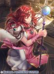  1girl armor bangs cape circlet closed_eyes dress fire_emblem fire_emblem:_mystery_of_the_emblem fire_emblem:_new_mystery_of_the_emblem fire_emblem:_shadow_dragon fire_emblem:_shadow_dragon_and_the_blade_of_light fire_emblem_cipher floating_hair fumi_(butakotai) jewelry lena_(fire_emblem) long_hair necklace official_art pink_dress red_hair shoulder_armor staff white_cape 