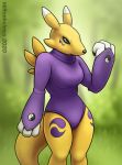  2020 3_fingers anthro black_nose blue_eyes breasts canid clothed clothing digimon digimon_(species) female fingers hi_res looking_at_viewer mammal miltonholmes renamon simple_background solo turtleneck yellow_body 