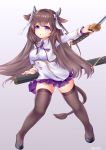  1girl absurdres animal_ears artist_name azur_lane bangs black_footwear breasts brown_hair brown_legwear cow_ears cow_girl cow_horns cow_tail cropped_jacket english_commentary eyebrows_visible_through_hair floating_hair full_body gradient gradient_background highres holding holding_sword holding_weapon horns jacket kashino_(azur_lane) katana lndrmnn long_hair long_sleeves looking_at_viewer medium_breasts name_tag necktie open_clothes open_jacket outstretched_arm parted_lips pleated_skirt purple_eyes purple_neckwear purple_skirt sheath shirt signature skindentation skirt solo standing sword tail thighhighs very_long_hair weapon white_jacket white_shirt wing_collar younger zettai_ryouiki 