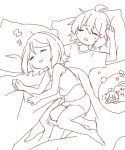  &gt;_&lt; =_= ahoge arched_back highres kagamine_len kagamine_rin lying messy_hair monochrome navel nightmare on_back on_bed on_person on_side pajamas sazanami_(ripple1996) shirt short_hair shorts sketch sleeping sleeping_on_person sleepwear sleeveless sleeveless_shirt vocaloid zzz 