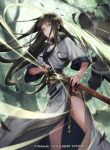  1boy 1girl black_hair fire_emblem fire_emblem:_the_blazing_blade fire_emblem_cipher forest grey_eyes high_collar japanese_clothes karla_(fire_emblem) katana long_hair nature official_art p-nekor side_slit sword torn_clothes weapon 