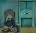  1girl bangs brown_hair cheese cup curtains drink drinking_straw eyes food grey_eyes hamburger hand_on_own_face highres hot_dog kapura long_sleeves looking_at_viewer medium_hair original solo upper_body window 