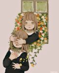  2girls aqua_eyes brown_hair flower hand_over_another&#039;s_eyes highres kapura leaf long_hair long_sleeves multiple_girls open_mouth orange_flower original plant red_flower signature upper_body white_flower window yellow_flower 