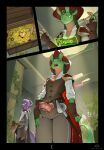 2_horns 5_fingers absurd_res anthro armor blush bottomwear cape clothing codyblue-731 comic cursed_object dragon duo erection femboy fingers foreskin gameplay_mechanics genitals gloves gold_(metal) green_body green_hair hair handwear hat headgear headwear hi_res horn humanoid_genitalia humanoid_penis ivalyth jewelry knight long_hair magic male male/male mythological_creature mythological_scalie mythology pants pendant penis purple_eyes purple_hair reptile scalie shirt sibiel swashbuckler topwear treasure treasure_chest warrior yellow_eyes