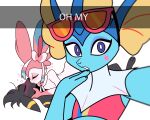 absurd_res anthro anthro_on_anthro biped black_body black_ears black_fur black_hair blue_body blush bubble clothed clothed_anthro clothed_female clothing drunk drunk_bubble eeveelution eyes_closed eyewear eyewear_on_head female female_anthro femboy french_kissing fur generation_2_pokemon generation_6_pokemon group hair hi_res kiss_on_lips kissing lucky_(odeko-yma) making_out male male/male male_anthro multicolored_body multicolored_fur nintendo odeko-yma pink_body pink_ears pink_fur pix_(odeko-yma) pokemon pokemon_(species) standing substance_intoxication sunglasses sunglasses_on_head sylveon trio umbreon vivian_(odeko-yma) wearing_sunglasses white_body white_fur yellow_body