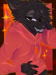 3:4 ambiguous_gender anthro bared_teeth black_body claws clothing domestic_cat felid feline felis half-length_portrait hoodie inner_ear_fluff kiruthekat male mammal one_eye_obstructed portrait raised_arm red_clothing red_hoodie red_topwear teeth topwear tuft
