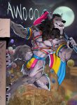 4_toes 5_fingers anthro awoo balloon black_mane black_nose bulge canid canine claws clothed clothed_anthro clothed_make clothing eyes_closed fangs feet finger_claws fingers full_moon fur grey_body grey_fur harness hi_res hindpaw howl humanoid_hands inflatable jockstrap leather leather_harness lgbt_pride male mammal mane mjodvitnir moon muscular muscular_anthro muscular_male mythological_canine mythological_creature mythology night outside paws pride_colors rainbow_flag rainbow_harness rainbow_jockstrap rainbow_pride_flag rainbow_symbol scrappyvamp solo tail teeth toe_claws toes underwear werecanid werecanine werecreature werewolf