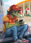 absurd_res alligatorid anthro baseball_cap black_hair bottomwear cellphone cigarette cigarette_in_mouth clothed clothing cooper_(noisybear) crocodilian denim denim_bottomwear denim_clothing electronics employee_uniform footwear fully_clothed gas_station hair hat headgear headwear hi_res holding_cellphone holding_object holding_phone holding_smartphone jeans key male name_tag noisybear object_in_mouth pants phone reptile scalie shirt shoes smartphone smoking smoking_cigarette sneakers solo t-shirt texting topwear