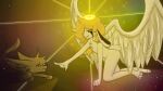 16:9 angel anthro black_tears blonde_hair canid canine colored cosmic_background digital_media_(artwork) dramatic_lighting duo eyes_closed feathered_wings feathers female fennec_fox floppy_ears fluffy fluffy_tail fox fur glowing glowing_halo hair halo hand_on_face head_tuft helga_bunny hi_res kneeling lagomorph leporid light light_beam long_ears long_hair looking_at_another male mammal nose_touch rabbit reaching_out shaded side_view signature sitting smile soft_shading space space_background spaidynator spaidynator_(character) star starry_background tail touching_face true_fox tuft widescreen wings yellow_body yellow_fur yellow_theme