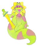 2026 balls big_penis blush bodily_fluids butter dairy_products darkner deltarune dripping duckbrained elemental_creature erection flora_fauna floradinn food foreskin front_view genital_fluids genitals green_body hi_res humanoid_genitalia humanoid_penis legless looking_at_viewer male melee_weapon penis plant precum precum_drip simple_background solo sword tongue tongue_out undertale_(series) weapon white_background yellow_petals