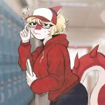 1:1 absurd_res alternate_costume anthro artist_name baseball_cap big_breasts black_bottomwear black_clothing black_pants blonde_hair blurred_background bodily_fluids bone_frill book bottomwear breasts cavemanon_studios clothed clothed_anthro clothed_female clothing colored detailed_background dinosaur emjay_(artist) eyebrow_through_hair eyebrows eyewear female female_anthro fingers frill_(anatomy) glasses hadrosaurid hair half-length_portrait hallway hat head_turned headgear headwear hi_res holding_book holding_object hoodie humanoid_hands i_wani_hug_that_gator inside long_hair looking_at_viewer mia_moretti nerd nervous non-mammal_breasts ornithischian ornithopod pants parasaurolophus portrait prehistoric_species rectangular_glasses red_body red_clothing red_hoodie red_topwear reptile scalie school shaded side_view solo spiked_tail spikes spikes_(anatomy) standing sweat sweatdrop tail text topwear translucent translucent_hair white_body