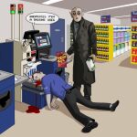 1:1 blood bodily_fluids bottle cel_shading chips_(food) clothed clothing container corpse count_orlok death duo electronics english_description english_text exsanguination food fully_clothed hi_res human humanoid inside jim'll_paint_it jug killing lays_(brand) male mammal meme milk nosferatu not_furry pale_skin pointy_ears self_checkout shaded shelf shopping_bag snack snuff speech_bubble standing supermarket tesco text uniform vampire victorian_clothing walkie-talkie wine_bottle
