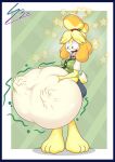2021 abdominal_bulge absurd_res accessory animal_crossing anthro bell bell_accessory belly belly_grab belly_squish big_belly black_eyebrows black_eyes black_nose blonde_hair blue_bottomwear blue_clothing blue_skirt border bottomwear breasts bys3d canid canine canis clothing colored digital_media_(artwork) domestic_dog eyebrows female green_background green_clothing green_topwear green_vest hair hair_accessory hairband hand_on_belly hand_on_own_belly hi_res huge_belly hyper hyper_belly isabelle_(animal_crossing) looking_at_belly looking_at_own_belly looking_down looking_down_at_self mammal multicolored_body nintendo open_mouth open_smile pink_tongue red_hairband red_mouth shaded shih_tzu signature simple_background skirt smile solo squish struggling struggling_prey tail tan_body tan_tail three-quarter_view tongue tongue_out topwear toy_dog two_tone_body two_tone_tail vest vore white_border yellow_body yellow_ears yellow_tail