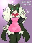 3_fingers absurd_res ahoge anthro black_sleeves breasts claws clothing dress emanata english_text eyelashes female female_anthro finger_claws fingers frustration_cloud fur generation_9_pokemon gradient_background green_body green_fur hair half-closed_eyes hi_res looking_at_viewer medium_breasts meowscarada narrowed_eyes nintendo paws pink_clothing pink_dress pokemon pokemon_(species) red_eyes rosedreams simple_background solo standing text wide_hips