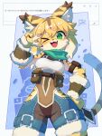 2026 3:4 absurd_res anthro arm_cuffs arm_pouch blush blush_lines blush_stickers bottomwear breasts brown_body brown_fur circle_eyebrows claws clothing coin curled_tail cygames denim denim_bottomwear denim_clothing denim_shorts dipstick_ears ear_markings exposed_hips eyebrow_through_hair eyebrows felid female finger_claws flesh_fang front_view fur gesture hair hand_gesture hi_res inner_ear_fluff japanese_description japanese_text looking_at_viewer mammal markings medium_breasts mia_(world_flipper) multicolored_body multicolored_ears multicolored_fur one_eye_closed open_mouth open_smile pantherine pawpads portrait sesamin_333 shirt short_hair shorts signature simple_background smile smiling_at_viewer solo striped_arms striped_body striped_ears striped_fur striped_hips stripes tail text three-quarter_portrait tiger topwear translucent translucent_hair treasure_chest tuft v_sign waist_accessory white_body white_clothing white_fur white_inner_ear_fluff white_shirt white_topwear wide_hips wink winking_at_viewer world_flipper yellow_body yellow_fur