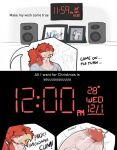 2021 all_i_want_for_christmas_is_you anthro athletic athletic_anthro athletic_male avian beak big_penis bird bodily_fluids christmas clock clothing colored comic countdown dialogue digital_clock electronics english_text erection exhausted flamie_(marvolk) genital_fluids genitals glans group hair hi_res holidays huge_penis humor hyper hyper_genitalia hyper_penis imminent_orgasm inside male marvolk meme music night no_nut_november onomatopoeia penis precum profanity red_feather red_hair shirt solo sound_effects speaker sweat sweatdrop talking_to_self text tongue tongue_out topwear