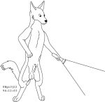 1994 anatomically_correct anatomically_correct_genitalia animal_genitalia anthro attached_sheath balls black_and_white canid canine dated flashlight fully_sheathed genitals holding_flashlight holding_object low_res male mammal monochrome nude nude_male sheath simple_background solo standing urbanhermit white_background