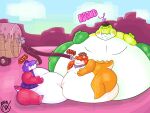 4:3 abdominal_bulge alligator alligatorid anthro belly belly_expansion belly_inflation candy chad_(tadc) crocodilian dessert expansion feeding_tube food glitch_productions group gummigoo_(tadc) gummy_(food) hi_res hose hose_inflation immobile inflation male max_(tadc) medical_instrument obese overweight overweight_male reptile scalie scientific_instrument syrup the_amazing_digital_circus trio tube_feeding vinny_fatfur weight_gain