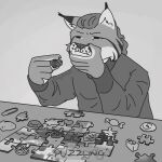 1:1 2025 anthro bottle_cap clothing coin confusion countershade_face countershading ear_tuft felid feline food holding_face humanoid jigsaw_puzzle lego lego_brick lynx male mammal monochrome paper_clip pretzel_(food) seashell shell simple_background solo sweater topwear tuft