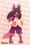 anthro bandaged_arms big_breasts black_hair bottomwear breasts clothed clothing female fibs fuchsia_(pokemon_fellowship) generation_4_pokemon hair hi_res huge_breasts japanese_text jewelry lucario necklace nintendo pokemon pokemon_(species) shorts solo text topless topwear vest