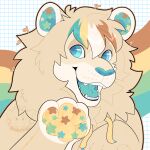 1:1 anthro blue_eyes blue_nose blue_tongue felid fur hi_res lion male mammal markings noodlethings pantherine plushie solo star_(marking) starburst_(noodlethings) stitch_(sewing) tan_body tan_fur teeth tongue